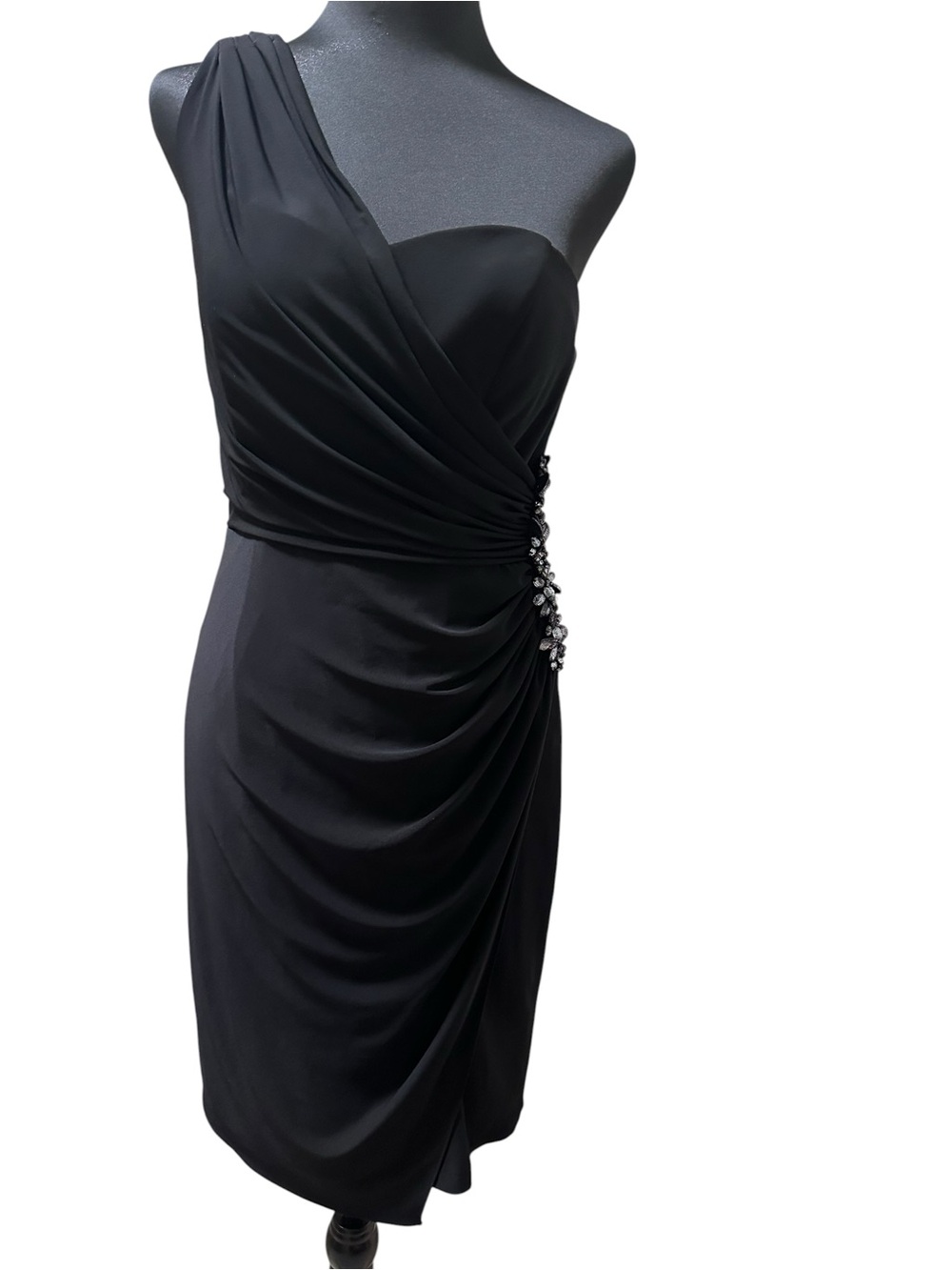Xscape One-Shoulder Black Cocktail Dress with Crystal Side Detail